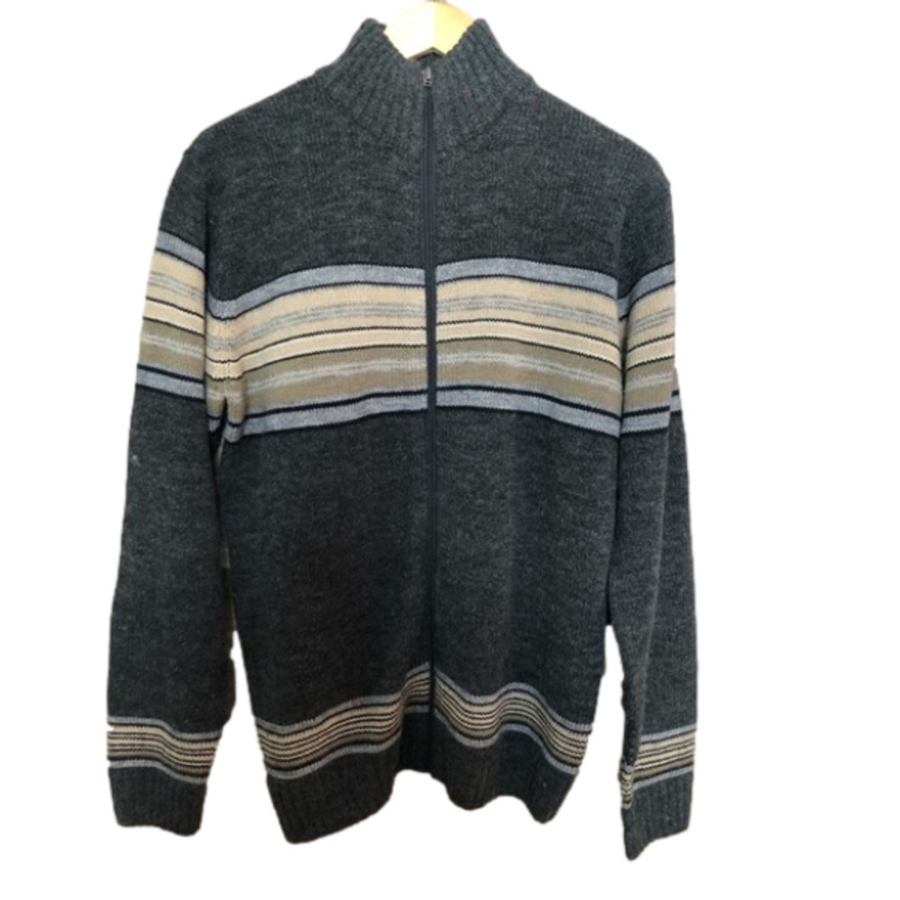 Vintage Zip Up Neutral Wool Blend Turtleneck Knit Cardigan Sweater Small